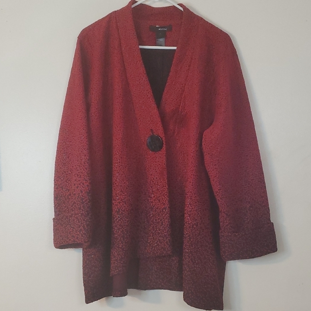 Ali Miles Red Black Textured Asymmetrical One Button Sweater Cardigan Size 2X